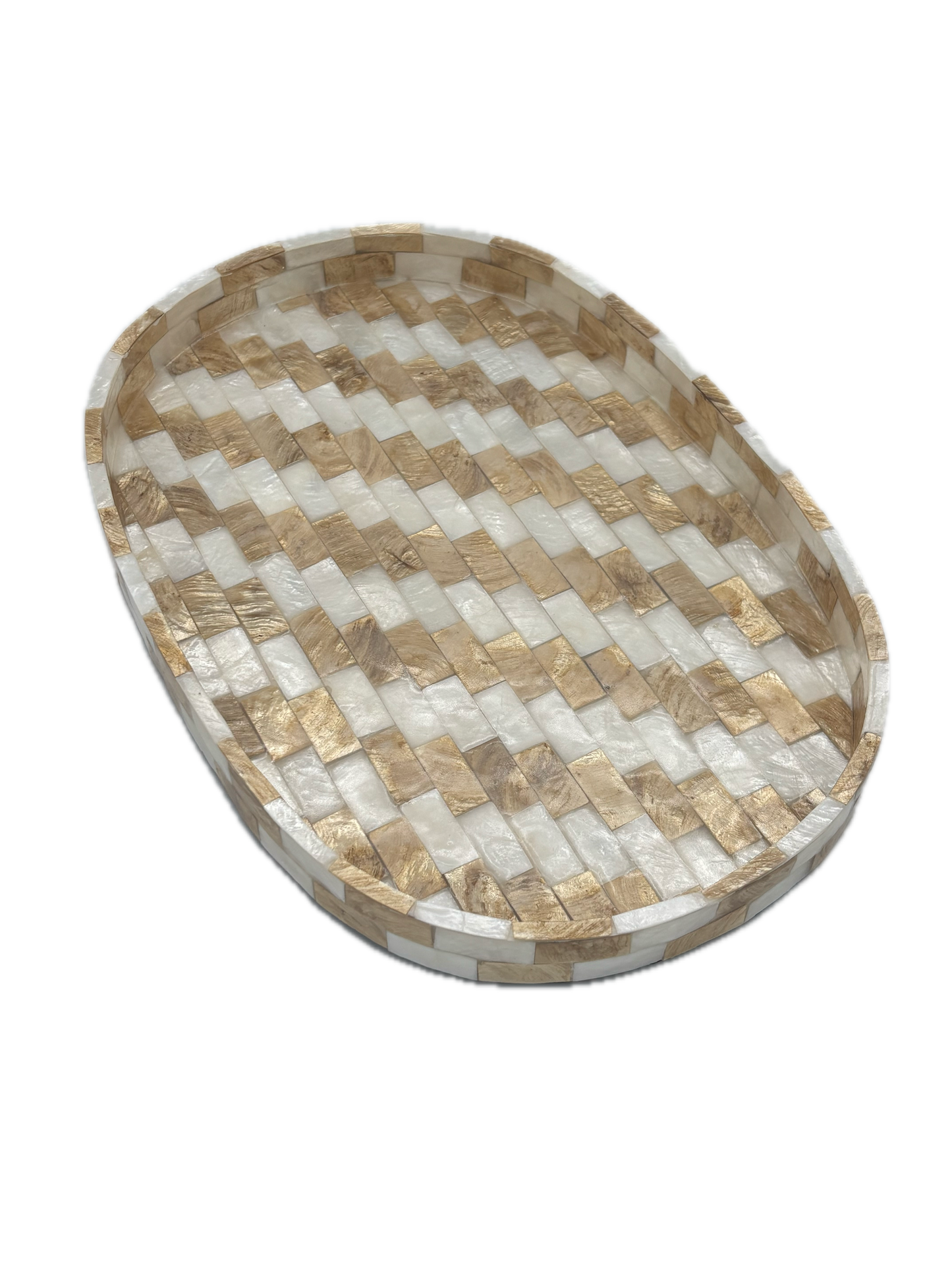 Plateau ovale nacre blanc dore