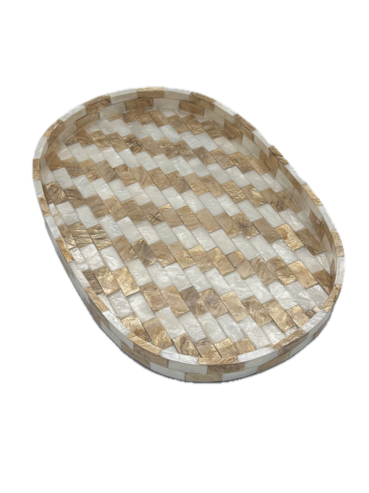 Plateau ovale nacre blanc dore